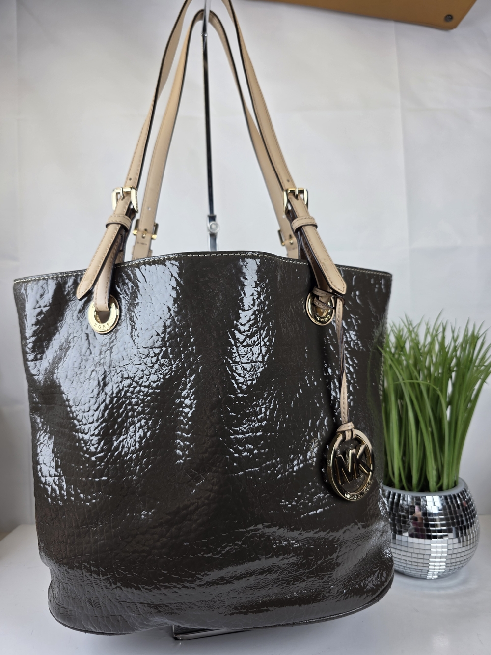 Michael Kors Dark Brown Patent Tote with Beige Straps and Gold Hardware